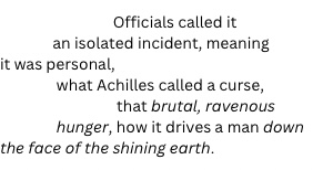                              Officials called it
             an isolated incident, meaning
it was personal,
             what Achilles called a curse,
                             that brutal, ravenous
             hunger, how it drives a man down
the face of the shining earth.