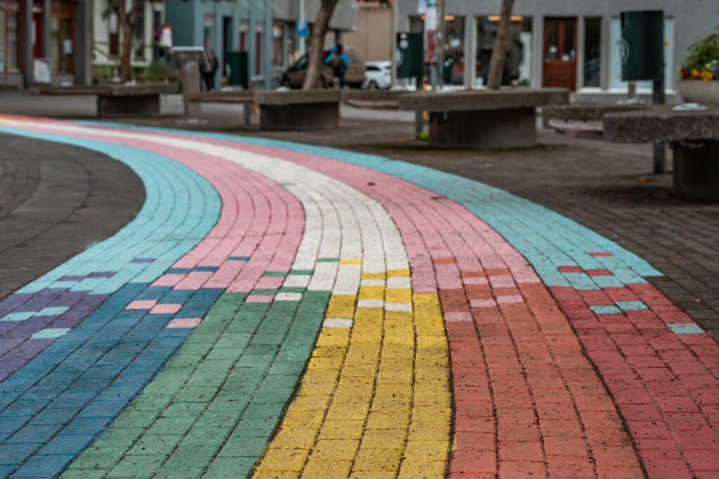 A colorful rainbow pathway made of bricks