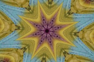 Abstract kaleidoscope pattern with yellow and blue hues