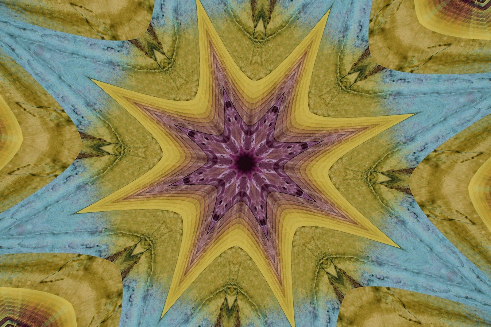 Abstract kaleidoscope pattern with yellow and blue hues